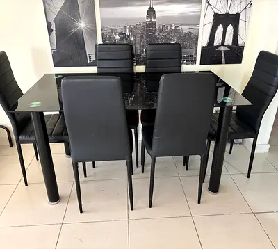 Black Glass Dining Table with 6 Matching Chairs - Good Condition
