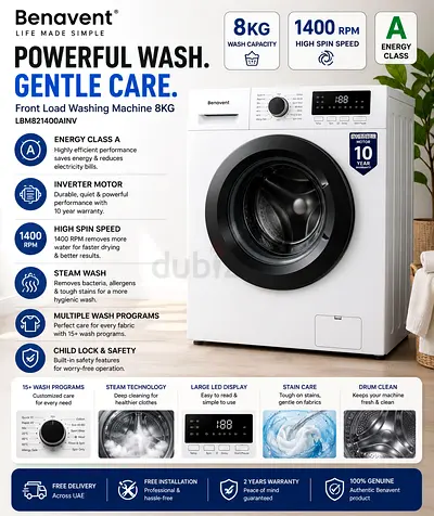 Benavent Front Load Washing Machine 8 kg – 1400 RPM Energy Class A LBM821400AINV (White)