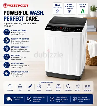 Westpoint Top Load Washing Machine 8KG – Fully Automatic 9 Programs LED Display WLX-821P (White)