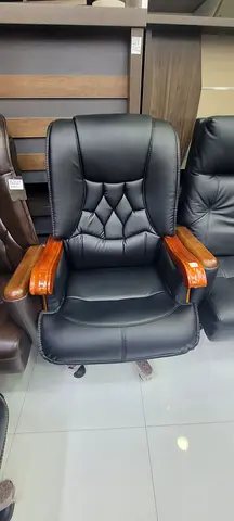 High Back Black Faux Leather Office Executive Chair with Wooden Armrests