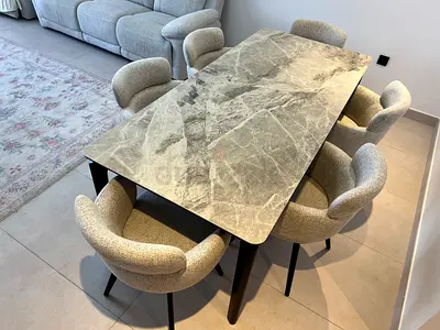Modern Marble-Top Dining Table with 6 Upholstered Swivel Chairs - Excellent Condition