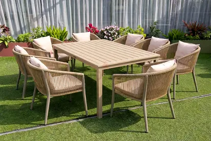 8-Seater Outdoor Dining Set - Beige Rattan Style with Cushions