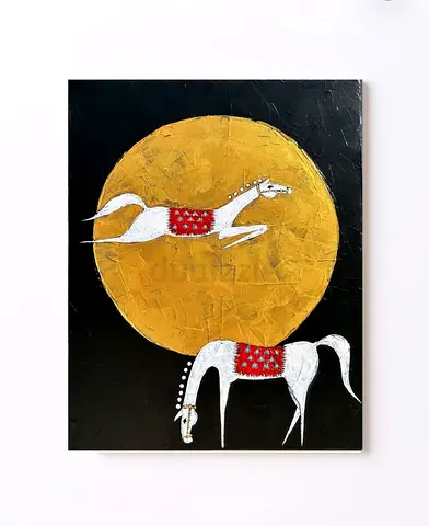 Original Acrylic Painting of Two White Horses with Gold Moon