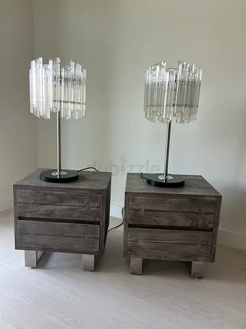 2pcs Grey Wooden Nightstands with Modern Crystal Table Lamps