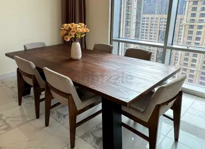 Solid Wood Dining Table with 6 Upholstered Chairs - Dark Finish