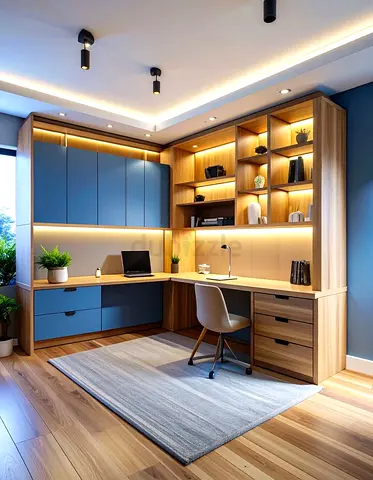 L-shaped Built-in Home Office Desk with Shelving and Cabinets