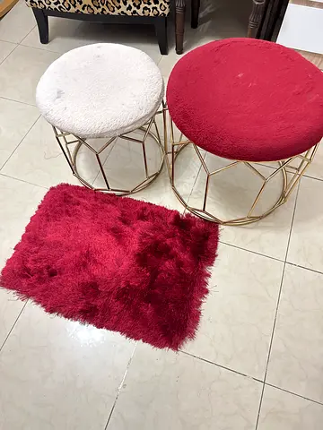 Modern Gold Metal Stool Set with Shaggy Rug