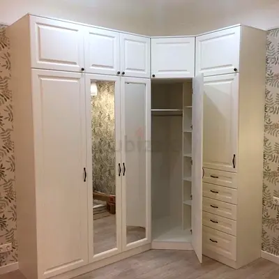 Large White Corner Wardrobe with Mirror and Drawers