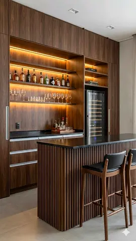 Custom Walnut Home Bar with Island and Wine Cooler