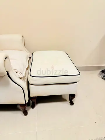 Luxury White Upholstered Ottoman / Footstool with Wooden Legs