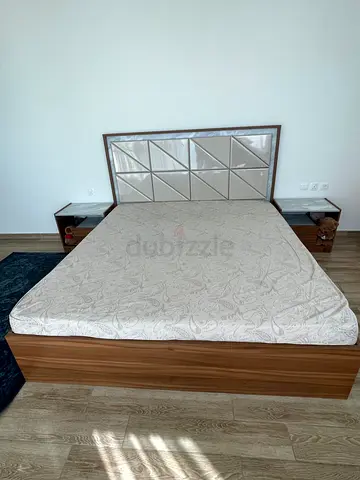 Walnut Wooden Super King Bed with Headboard and nightstand  , Dresser , Mirror and Stool