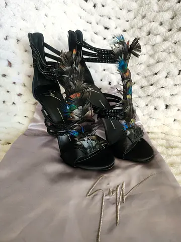 Giuseppe Zanotti Feather Crystal Embellished Black Satin Sandals Size EU 38