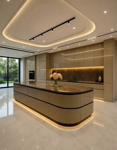 Modern High Gloss Kitchen Island and Cabinets