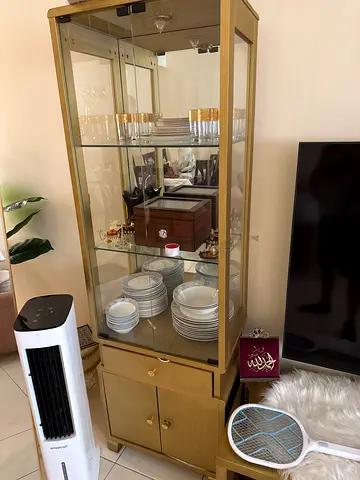Gold Finish Display Cabinet with Glass Doors and Storage