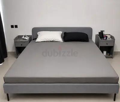 Modern Gray Upholstered Bed Frame with Headboard dressing table with mirror