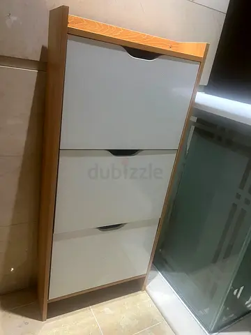 Slim 3-Compartment Shoe Cabinet - Wood Frame with White Drawers