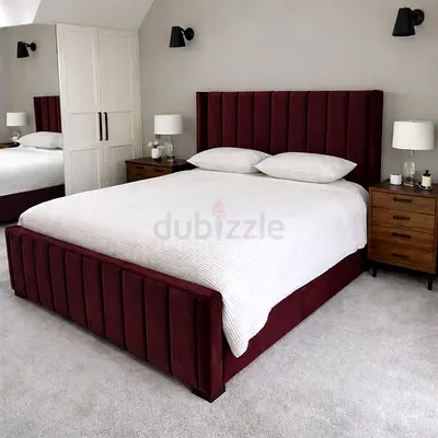 Plush Burgundy Upholstered Double Bed with Channel Headboard