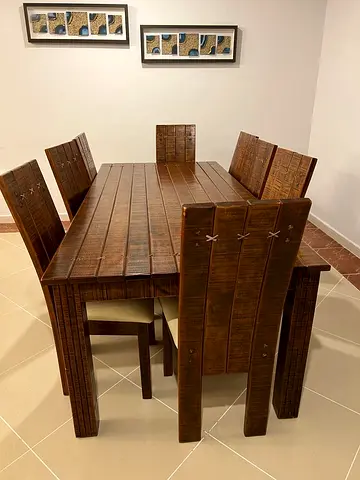 Solid Wood 8-Seater Dining Table with Chairs - Rustic Finish. طاولة طعام خشب صلب ل8 أشخاص مع كراسي