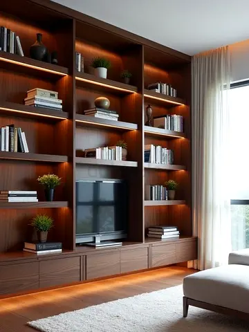 Built-in Wooden Entertainment Wall Unit with Shelving and LED Lighting