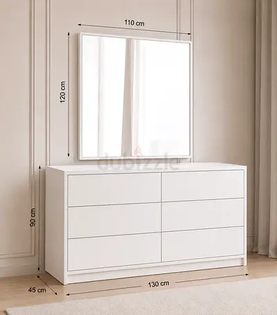 White 6-Drawer Dresser with Wall Mirror (130cm)