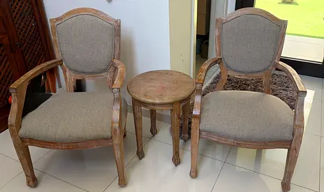 Set of 2 Wooden Armchairs with Small Side Table - Light Oak Finish