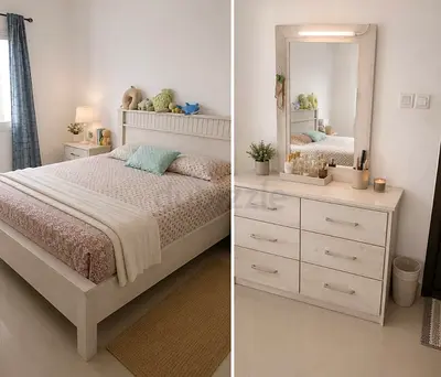 Modern Light Wood Bedroom Set - Bed and Dresser with Mirror