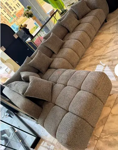 Large Modern Curved Tufted Fabric Sofa with Cushions - Grey