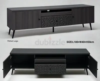 Dark Wood TV Stand / Entertainment Unit with Carved Drawer (L180 x W40 x H50cm)