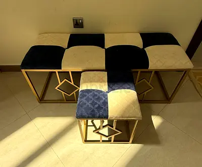 Gold Frame Patchwork Bench and Stool Set - Blue  Beige Upholstery