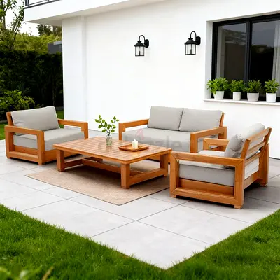 Solid Teak Outdoor Sofa Set with Coffee Table - 4 Pieces