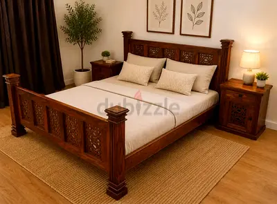 Solid Wood Unique Design King Size Bed Set
