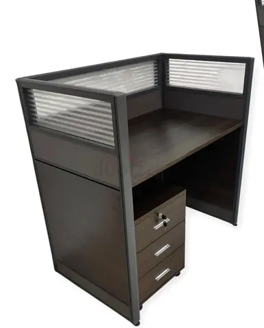 Used Single Workstation Cubicle with Lockable Pedestal - Dark Wood Finish