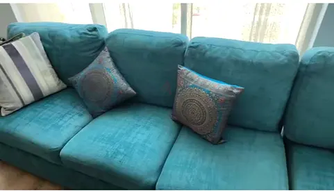 Comfortable L shaped 5 Seater Teal Fabric Sofa with Cushions - Home Center 2 pieces (280cm x 230cm)