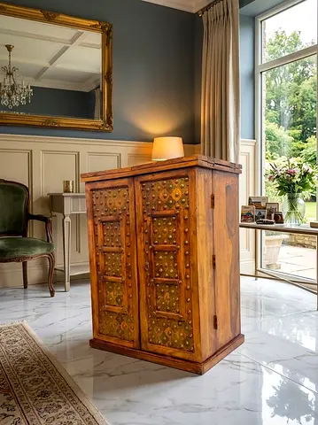 Marina Ornate Wooden Bar Cabinet with Brass Stud Details