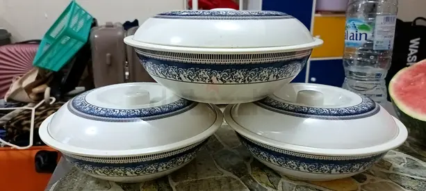Set of 3 Round Covered Serving Bowls - White with Blue Pattern, melamine