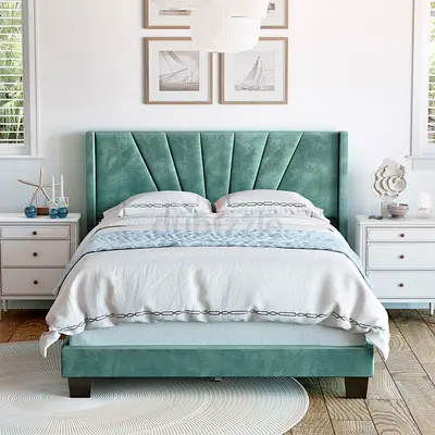 Upholstered Velvet King Size Bed with Headboard - Sea Green