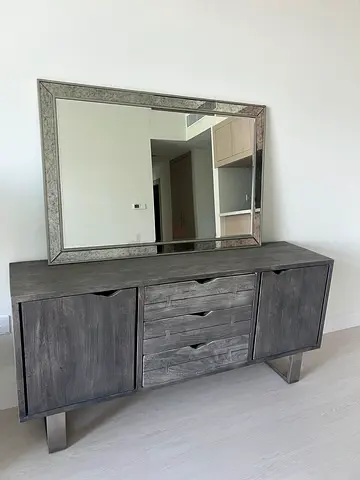 Grey Wooden Sideboard with Mirror — Modern Console / Dresser