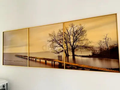Large 3-Panel Framed Wall Art - Lake Pier Tree Scene (Gold Tone)