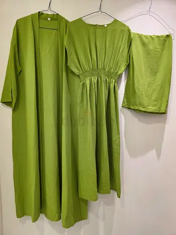 Light Green Modest 3-Piece Outfit - Abaya, Dress  Inner Slip