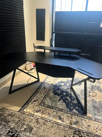 Spacious Black Curved Office Desk with Metal Frame (Good Condition)