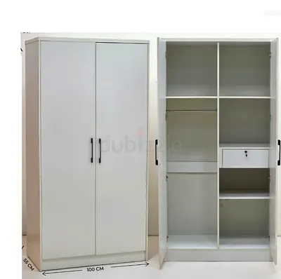 White 2-Door Wardrobe with Shelves and Lockable Drawer - 100cm