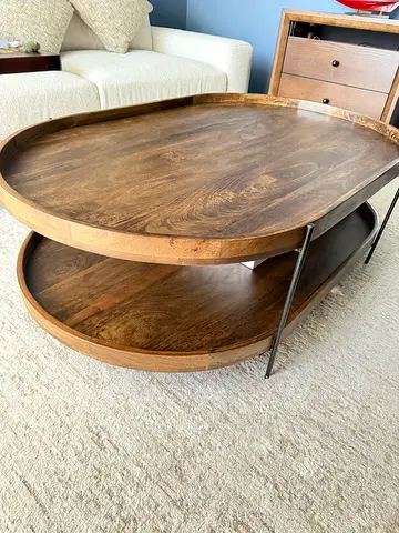 Round Solid Wood Coffee Table with Lower Shelf — Good Condition