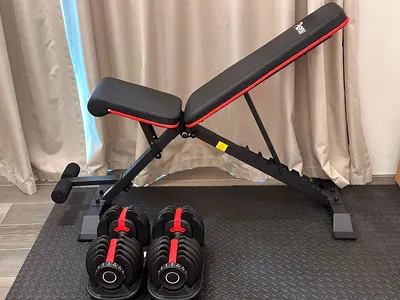 24kg Dial Adjustable Dumbbells (Pair + Trays) and Heavy-Duty Adjustable Bench
