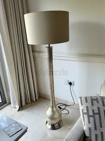 Tall silver floor lamp with beige drum shade - great condition