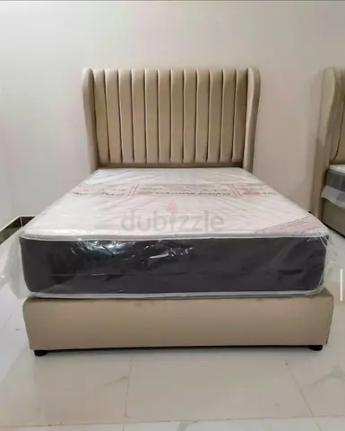 Beige Upholstered Single Bed with Headboard and New Mattress