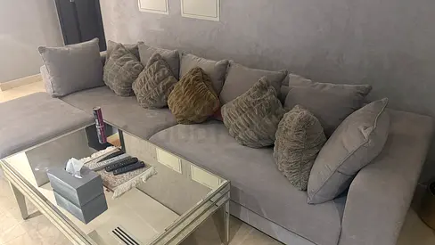 Large Grey L-Shaped Sofa with Cushions - Good Condition