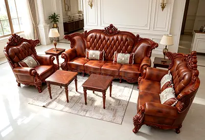 Chesterfield Brown Leather Sofa 4+2+1  Matching Tables