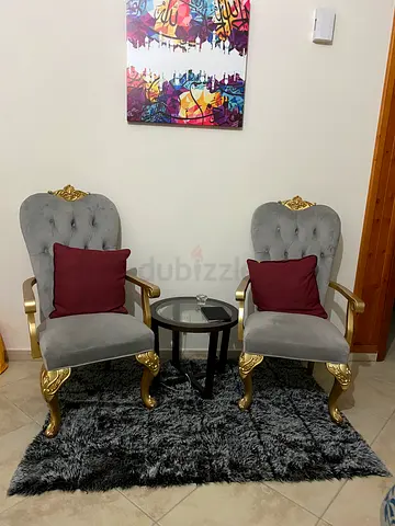 Pair of Grey Velvet Accent Chairs with Gold Trim and Throw Cushions