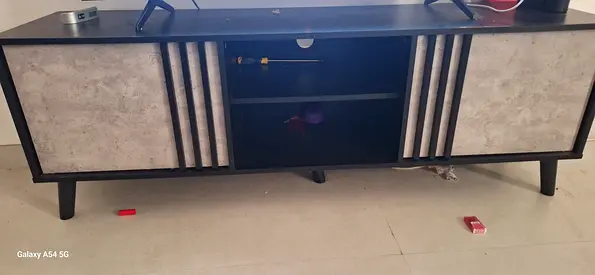 Mid-century Modern TV Entertainment Unit - Black with Concrete-look Doors