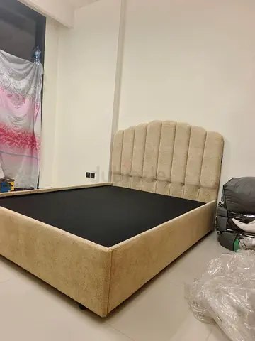 Beige Upholstered queen Bed Frame with Padded Headboard